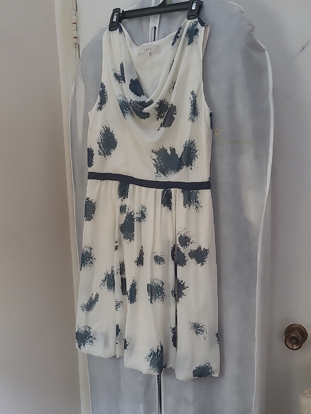 LOFT Cream Dress with Navy Brushstroke Accents
